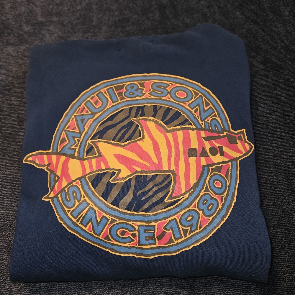 Maui and Sons Navy Sweatshirt with Colorful Shark Design